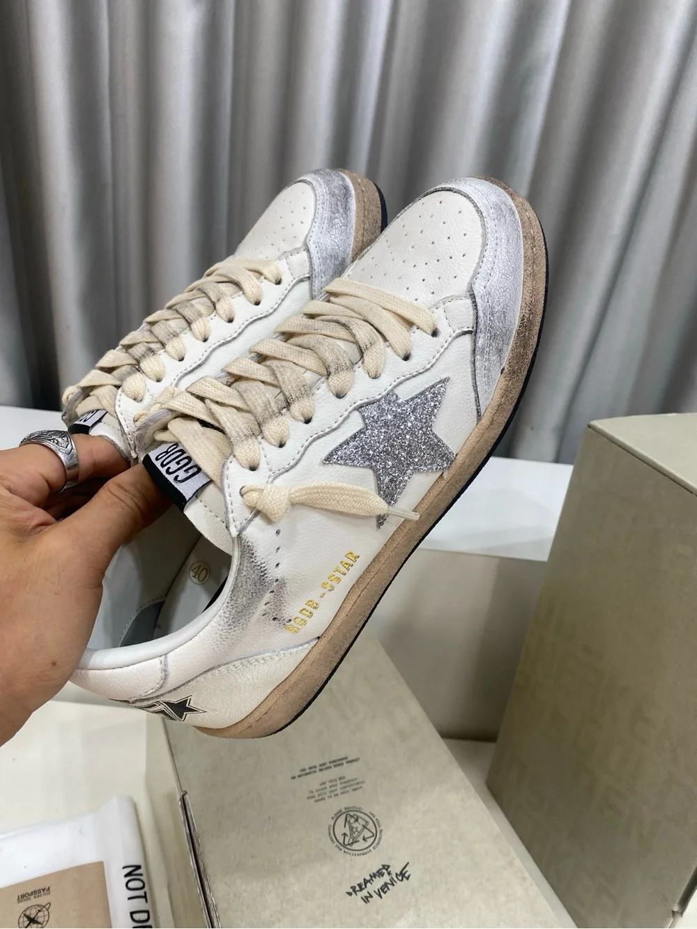 Golden Goose White Cream Sneakers with Silver Glitter Star